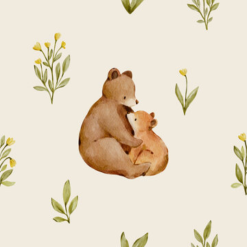 Seamless watercolor bear family pattern with soft botanical elements. Cute woodland design feels gentle and heartwarming and perfect for nursery decor.
