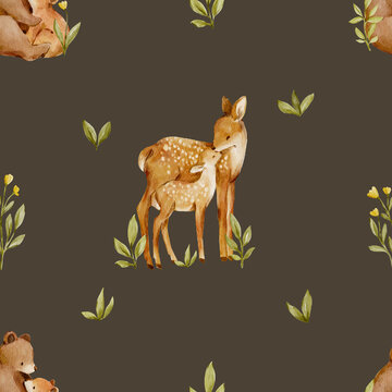 Seamless watercolor deer pattern with woodland leaves on dark background. Cozy forest design feels warm and whimsical and perfect for nursery or fabric.