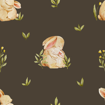 Seamless watercolor bunny pattern on dark woodland background. Cute forest design feels playful and elegant and perfect for nursery or textile.