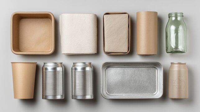 Eco-friendly recyclable packaging materials flat lay. Sustainable food containers and packaging materials including paper cups, cardboard containers, metal cans, glass jar and aluminum tray on gray ba