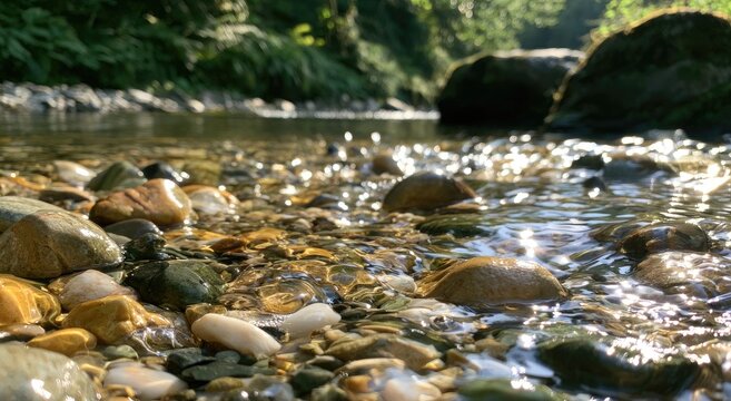 Shallow, sunlit stream bed with smooth, wet pebbles and glistening water reflections