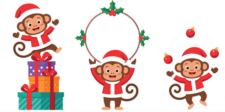 Vector Christmas character set featuring cute santa monkeys standing on gifts holding frame and juggling baubles