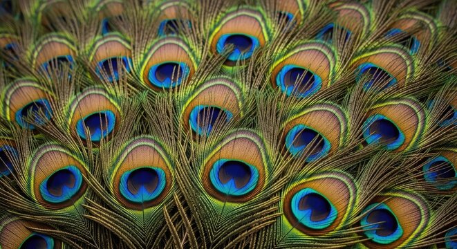 Dense iridescent peacock feather pattern background.