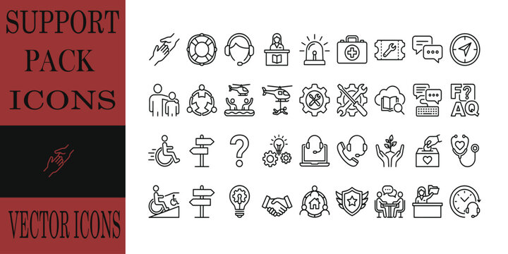 Comprehensive support pack vector bundle and icon set featuring various technical service and customer assistance symbols