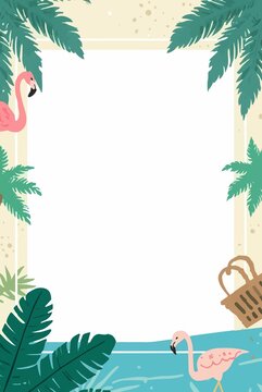 A vibrant vacation-themed greeting card featuring a template vector design with a flat aesthetic, incorporating bold colors and clean lines