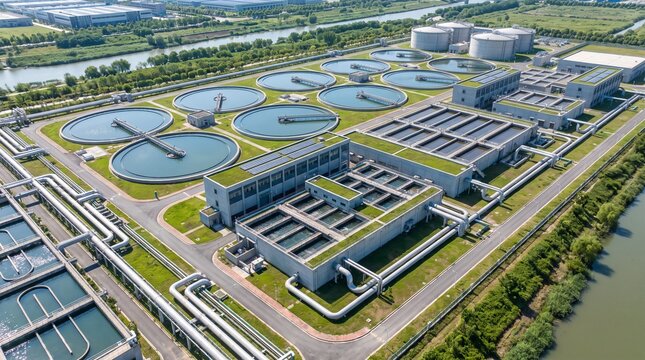 Modern water reclamation facility with circular clarification basins and green roofs