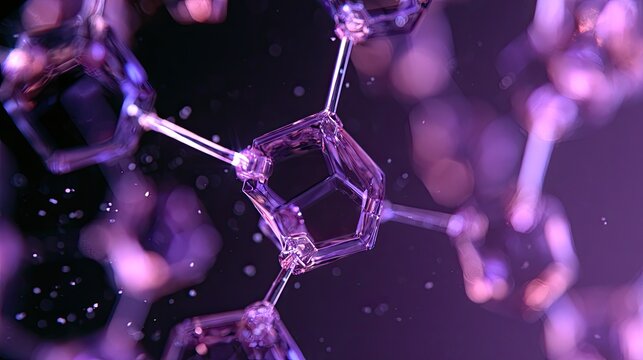 Close-up, abstract molecular structure with glowing purple hues and bokeh