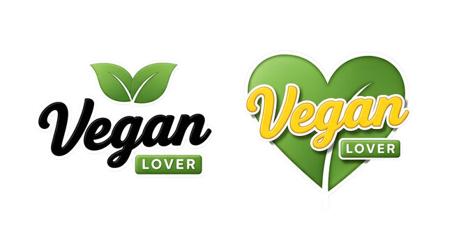 Two creative vegan lover logo designs featuring green leaves and a heart shape for plant based lifestyle branding isolated on transparent background