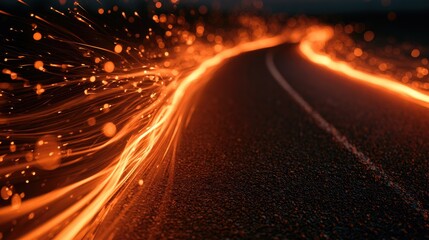Fototapeta premium Blazing speed on a dark road, trailing bright orange light streaks