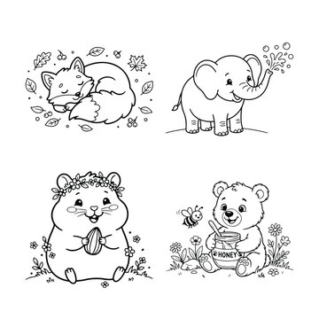 Set of cute animals coloring page featuring a sleeping fox elephant hamster and a honey loving bear