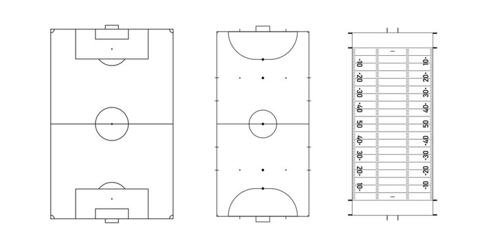 Sports court and field layouts set. Black and white blueprint vector collection featuring soccer, futsal and American football line drawings for coaching and sports planning.