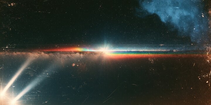 Grungy, hazy space scene with vibrant rainbow light flares and dust