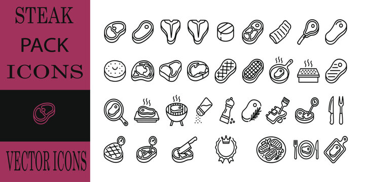 Comprehensive steak food vector bundle and icon set featuring various cuts of meat and culinary symbols