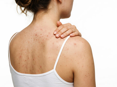 Woman's back with white bra and shoulder acne marks