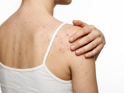 Woman's back with shoulder acne and hand pointing at skin blemishes