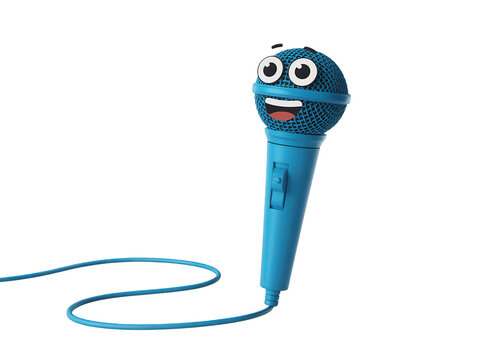 Cute blue microphone character with happy face, 3D render of a singing vocal mic with cable, cheerful anthropomorphic audio equipment on white background