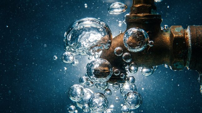Detailed close up of air bubbles escaping from a metal pipe submerged in deep blue water