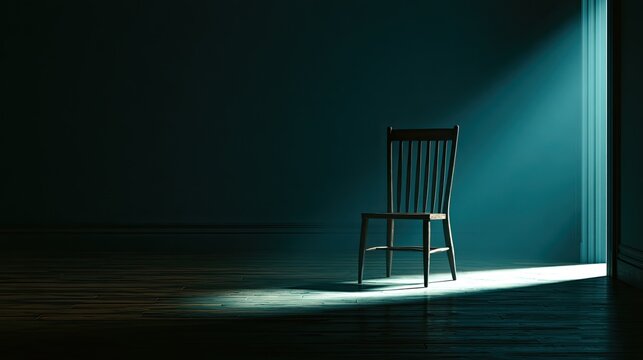 A solitary wooden chair illuminated by a dramatic shaft of light in a dark room