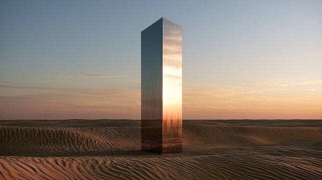 Tall, sleek, mirrored monolith stands in a desert at sunset