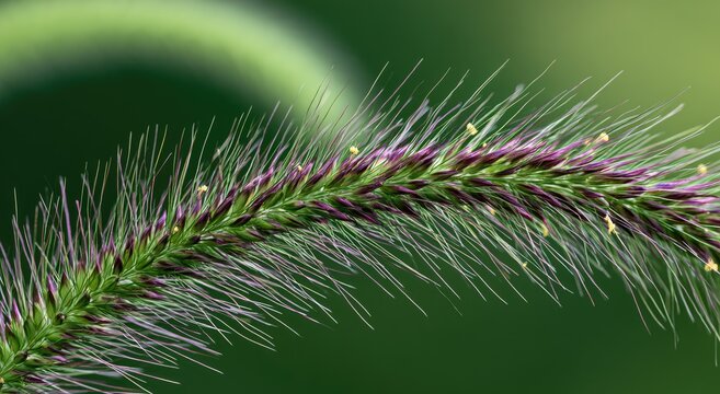 Close-up of a foxtail grass seed head with purple hues and yellow pollen