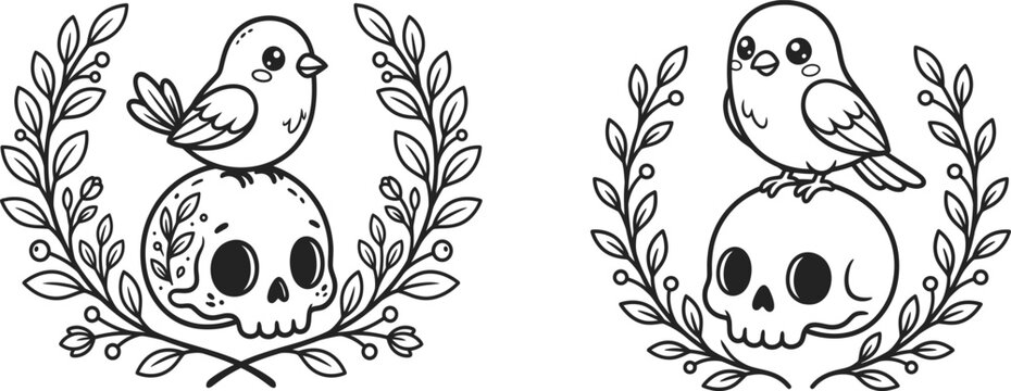 Minimalist pastel goth bird perched on human skull outline set for cricut stencil