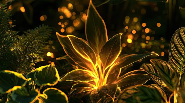 Lush jungle foliage illuminated by glowing ethereal light and bokeh