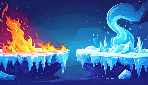 Fantasy fire and ice on floating frozen platforms.