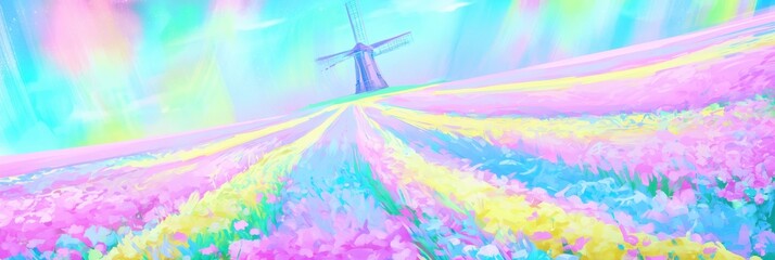 Fototapeta premium Vast, ultra-wide field of multi-colored wildflowers (pinks, yellows, blues), leading to a single Dutch windmill on a hill, dreamlike watercolor and anime aesthetic, vibrant colors