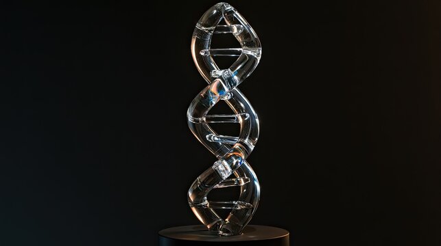 Crystal sculpture of a double helix, representing DNA, on a dark pedestal