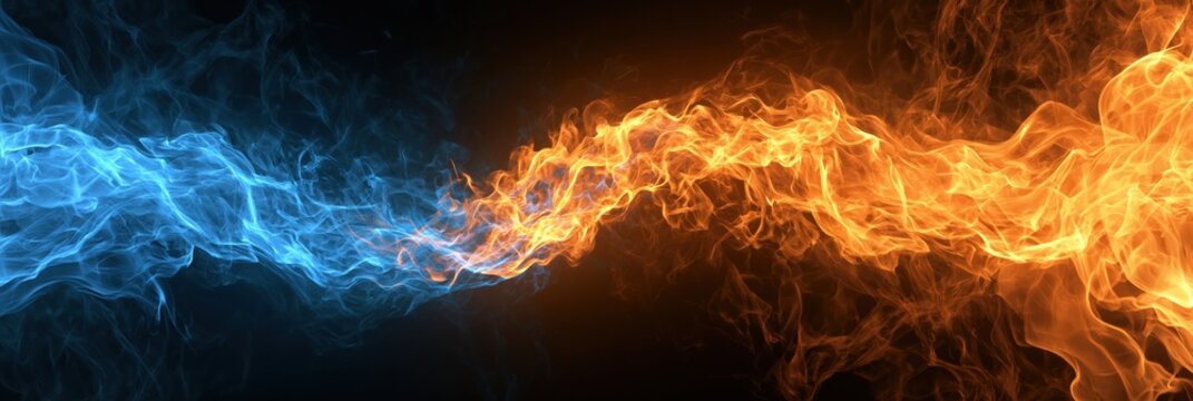 Abstract Blue and Orange Fire and Smoke Swirls Intertwining on Black Background