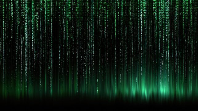 Abstract green digital rain cascades from dark