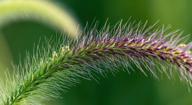 Close-up of a fluffy green foxtail with purple tips in soft focus