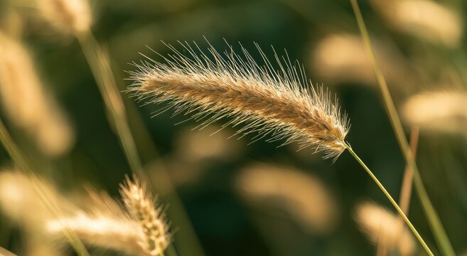 Golden foxtail grass seed head catching sunlight in a field