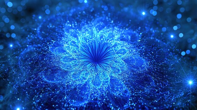 Abstract blue fractal flower with glowing particles and bokeh lights, digital art.