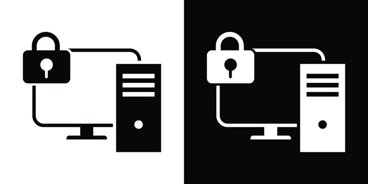 Computer workstation with lock icon representing secure server access, cyber security, data protection, and IT safety symbol set in black and white vector format.