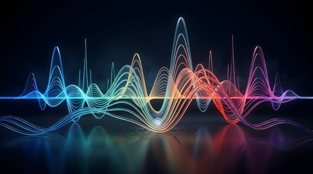 Abstract neon glowing sound waves frequency on dark reflective background representing digital audio and data analytics