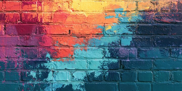 Vibrant splashes of color paint a textured brick wall, creating a dynamic abstract background