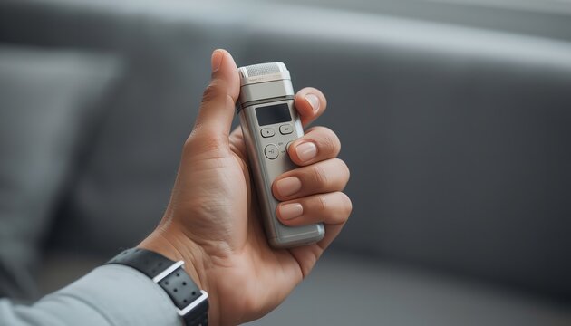 Close up of male hand holding compact silver digital voice recorder for dictation