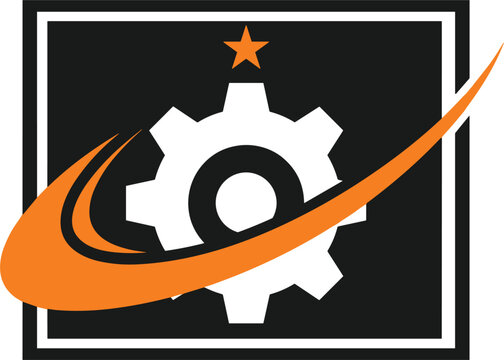 Industrial gear logo design with star and swoosh dynamic emblem for engineering company manufacturing technology factory brand