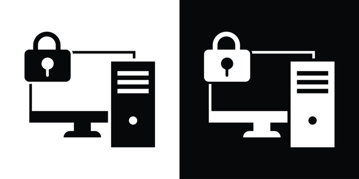 Computer workstation with lock icon representing secure server access, cyber security, data protection, and IT safety symbol set in black and white vector format.