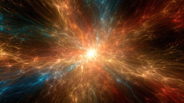 Abstract explosion of light and energy in vibrant orange, blue, and red hues, resembling a nebula or supernova.