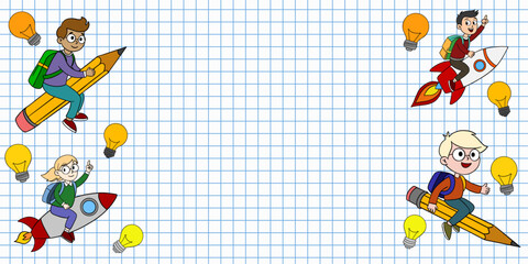 Fototapeta premium Hand-drawn school banner featuring a blue grid notebook paper background with a colorful Back to School scene and a spacious blank area for custom text or information
