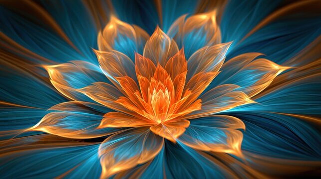 Abstract fractal flower with glowing orange and blue petals, digital art, intricate design