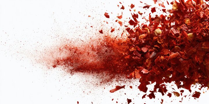 Close-up of red chili flakes exploding and scattering against a white background