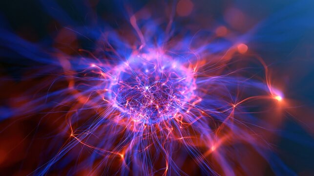 Abstract glowing energy sphere with electric plasma tendrils in deep blue and red