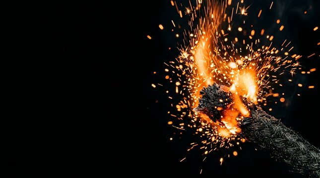 Burning rope with glowing golden sparks against dark background