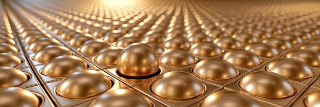 Abstract golden spheres arranged in a grid pattern with a single prominent sphere in focus