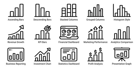 Obraz premium Professional business analytics and bar chart icon vector illustration set for financial reporting and data visualization projects