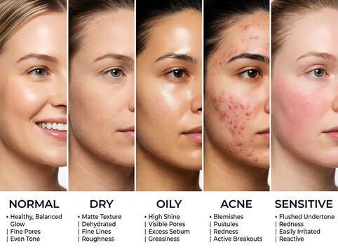 Five skin types comparison: normal, dry, oily, acne, sensitive