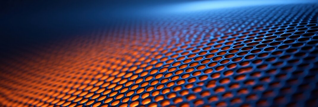 Abstract background with a perforated metal surface illuminated by orange and blue light, creating a futuristic and technological feel.